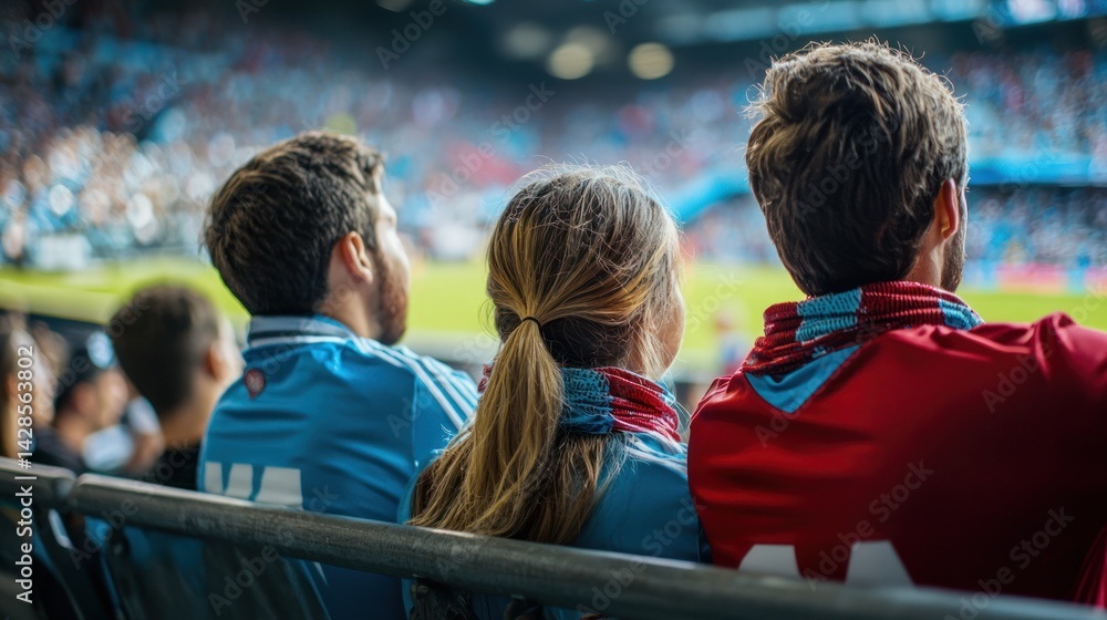 Fototapeta premium Fans watching a soccer championship game on TV, with jerseys and scarves on.