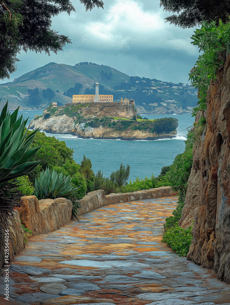 Scenic pathway leading to historic island fortress