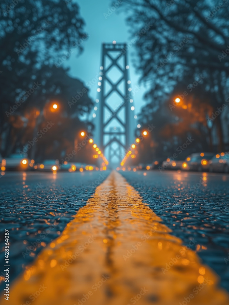 City street reflecting lights under a bridge on a rainy evening with wet asphalt