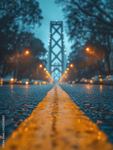 Obraz na płótnie City street reflecting lights under a bridge on a rainy evening with wet asphalt w salonie