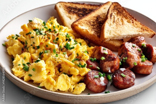 Obraz na płótnie Delicious Breakfast Plate with Scrambled Eggs, Sausage and Toast w salonie