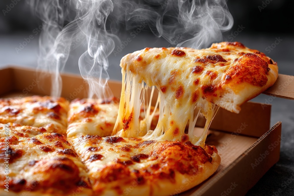 Hot and Cheesy Pizza with Melted Cheese and Steam Rising Upward