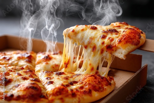 Obraz na płótnie Hot and Cheesy Pizza with Melted Cheese and Steam Rising Upward w salonie