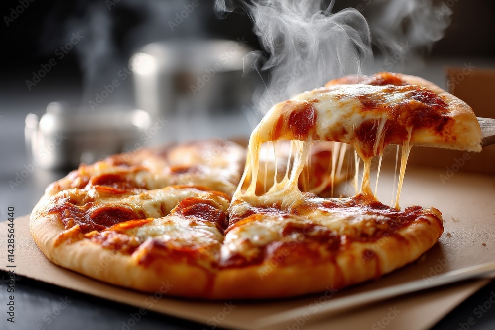 Hot Cheese Pizza with Pepperoni and Steaming Fresh Out of Oven