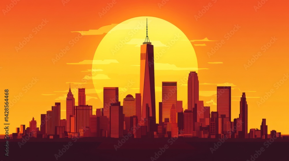 Fototapeta premium Manhattan Skyline at Sunset: A Vibrant Cityscape Illustration