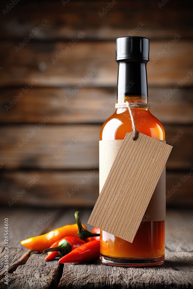 Hot Sauce Bottle with Empty Tag and Chili Peppers on Wooden Table