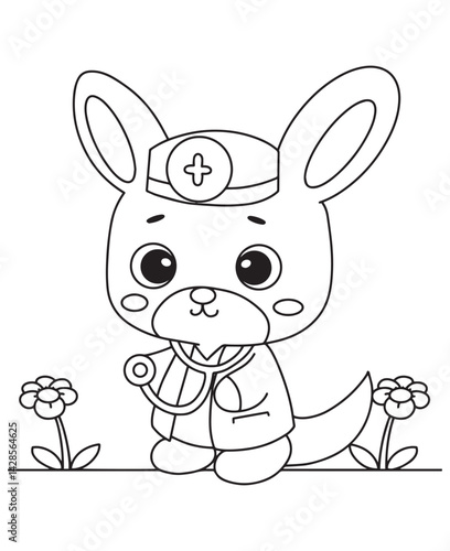 Coloring book bunny doctor with a stethoscope and cap. Perfect for kids and future medics education