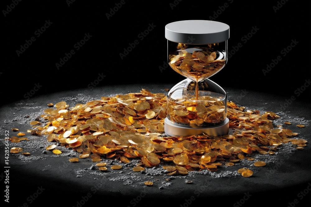 Hourglass with Golden Coins on Black Background Creating Wealth Concept