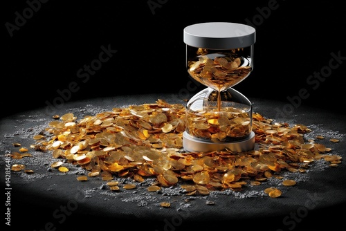 Obraz na płótnie Hourglass with Golden Coins on Black Background Creating Wealth Concept w salonie