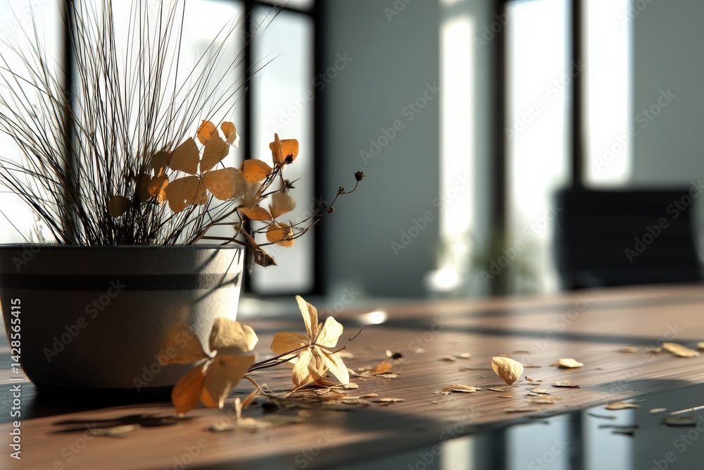 Indoor Workspace with Decorative Plant and Fall Leaves Accents