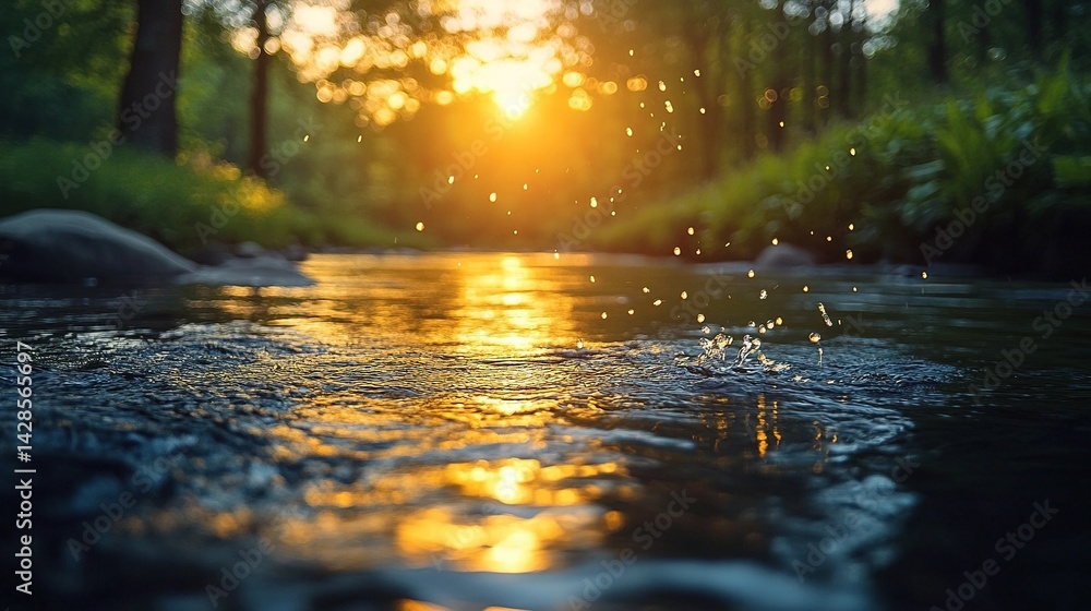Fototapeta premium Sunlight at dusk splashes over a gently rippling river, with water droplets catching the golden light, set against a forested and lush backdrop, creating a magical and serene natural scene.