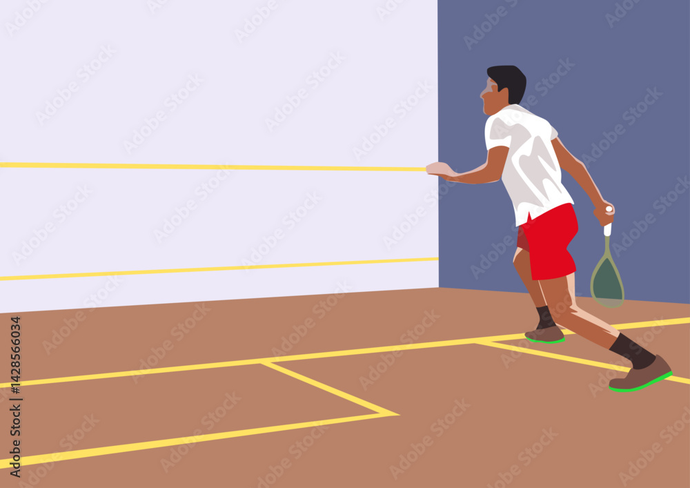 Squash players in action. Vector illustration in flat style.