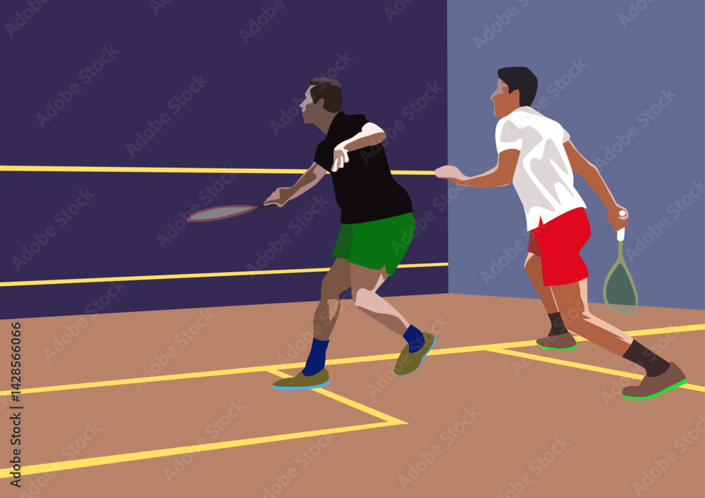 Squash players in action. Vector illustration in flat style.