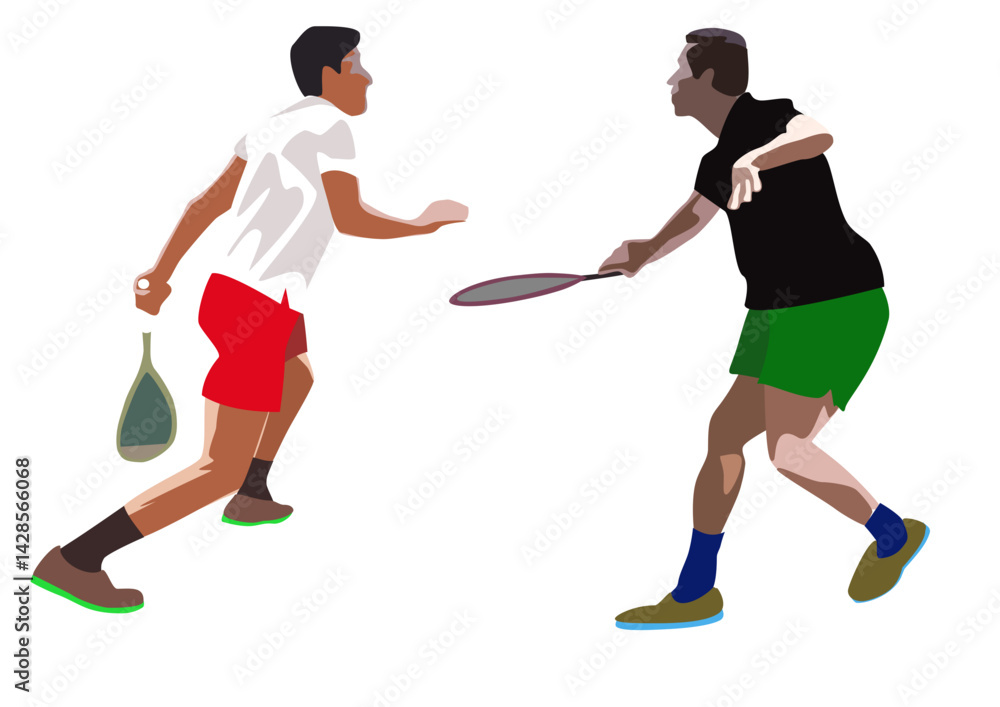 Squash players in action. Vector illustration in flat style.