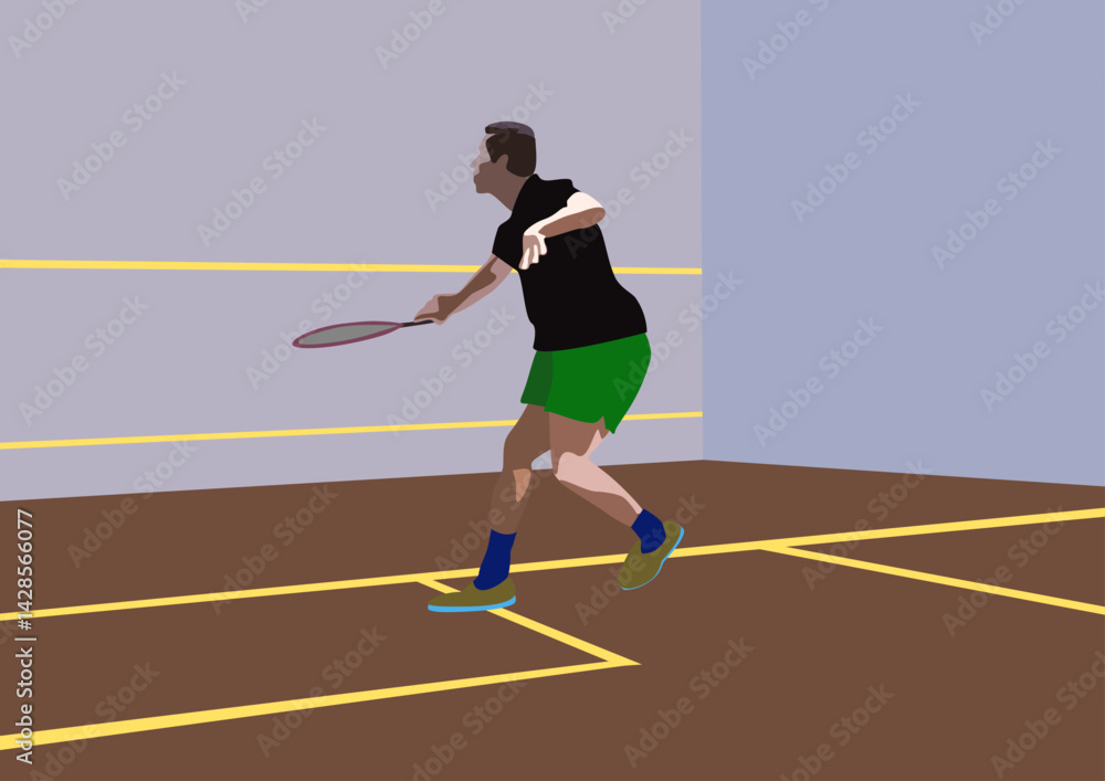Squash players in action. Vector illustration in flat style.