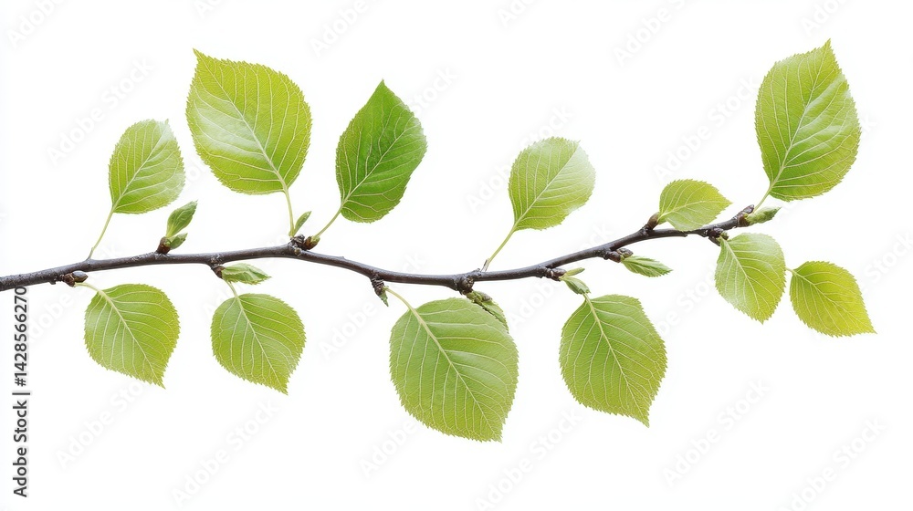 Fototapeta premium A twig of tree with small, light green leaves and unblown buds on white. Perfect for springtime, nature, growth, or environmental themed designs.