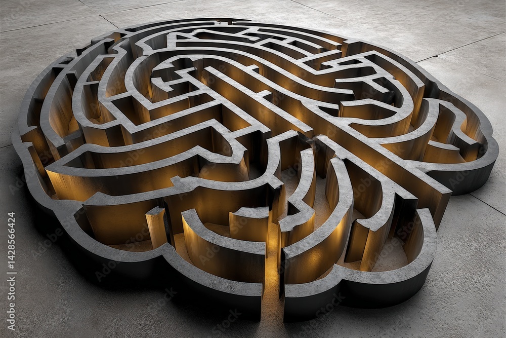 Intricate Maze Design Shaped Like Human Brain on Concrete Surface