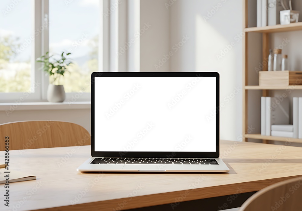 Laptop with Blank Screen on Wooden Desk in Bright Room Laptop with Blank Screen on Wooden Desk in Bright Room