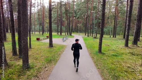 Sport young man running in the forest . Runner exercise in nature Healthy lifestyle . training and workout. Black T-shirt.