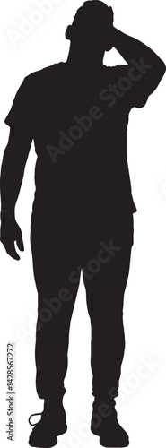 vector; silhouette of a front view of a standing hand cover face