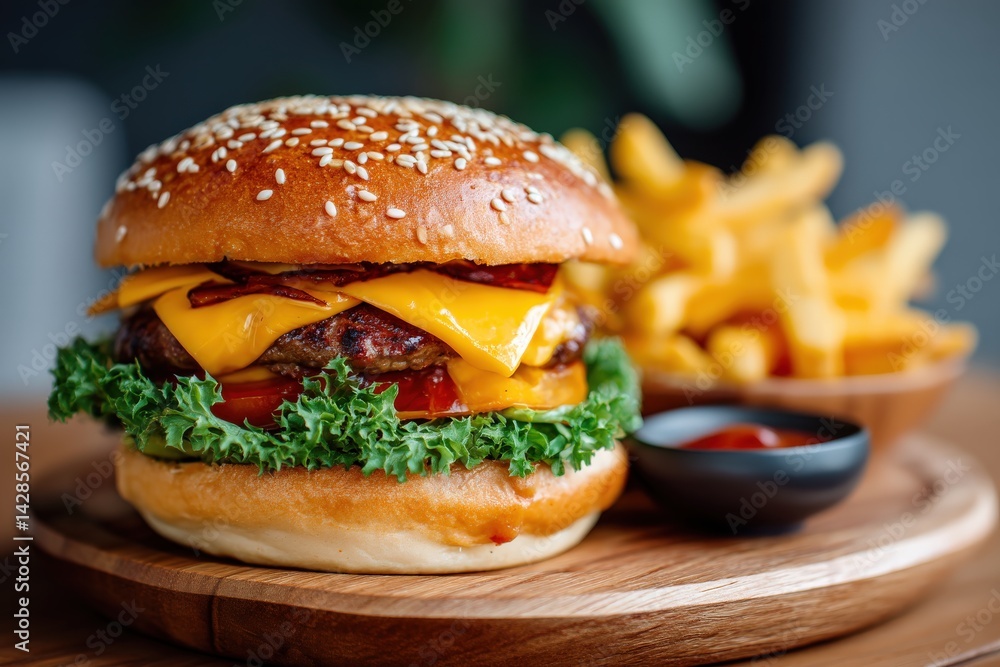 Juicy Cheeseburger with Fresh Vegetables and Crispy French Fries