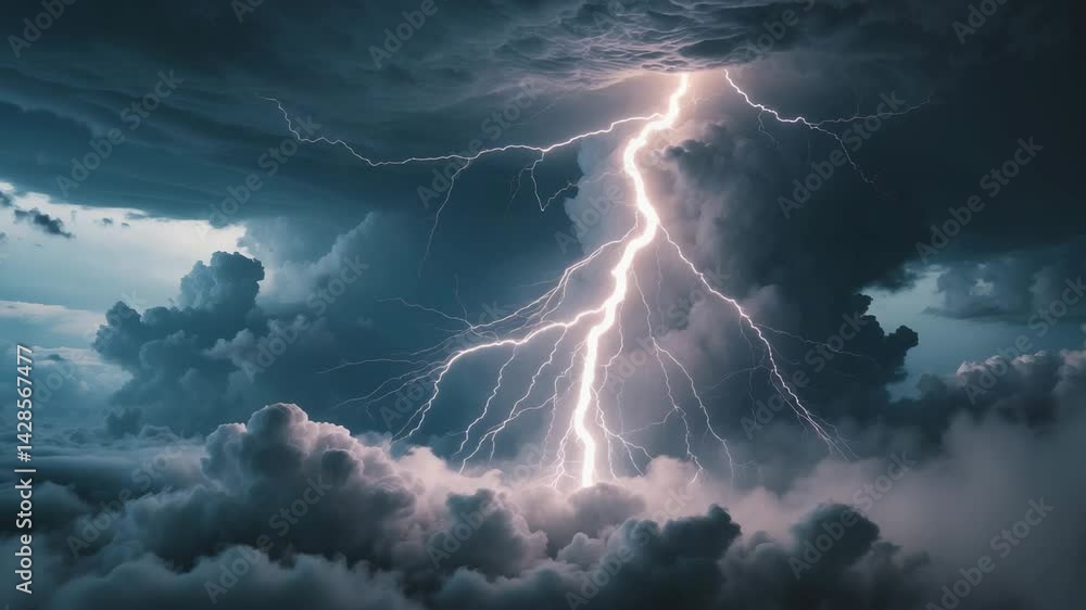 Massive lightning bolt erupting amidst stormy clouds