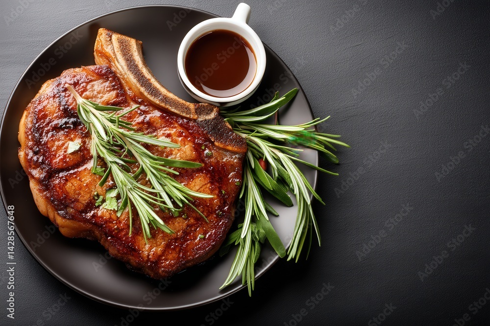 Juicy Grilled Steak with Herbs and Sauce on Black Table
