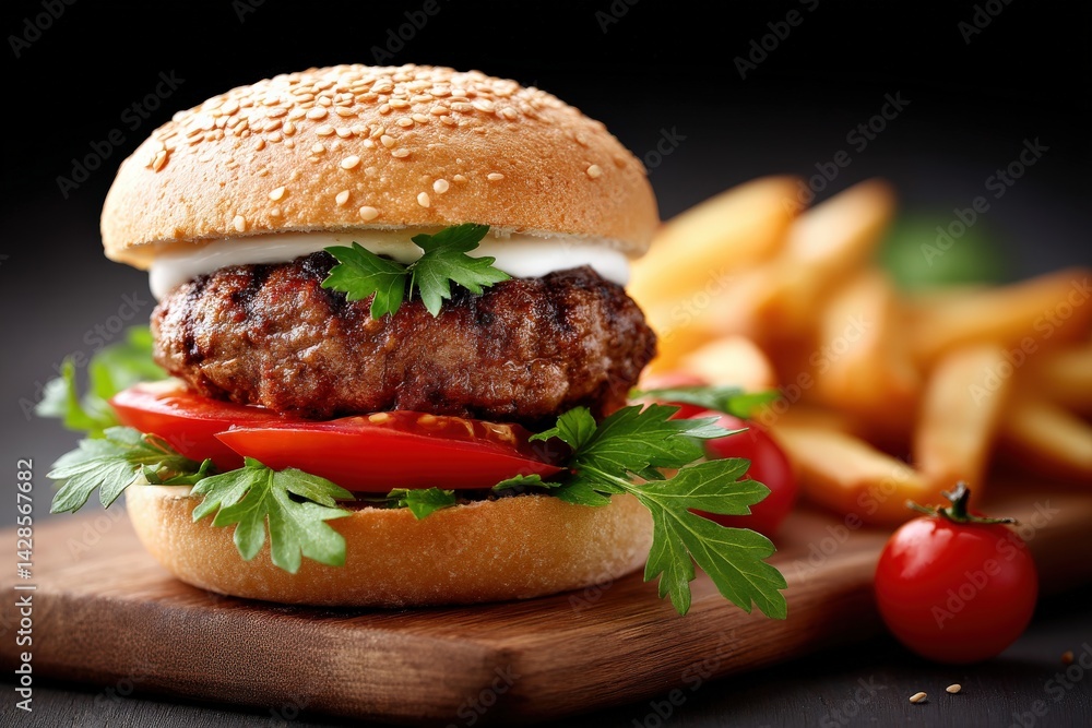 Juicy Hamburger with Fresh Vegetables and Golden French Fries