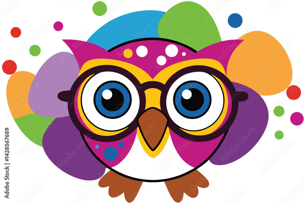Fototapeta premium Colorful artistic owl in eyeglasses with colorful paint splatters on white background.