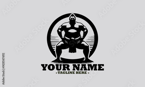 illustration of a robust sumo wrestler in a traditional crouching stance within a circular frame. sumo sport concept, Japanese sumo wrestling vector illustration and logo sumo vector design