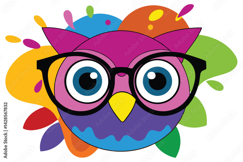 Fototapeta premium Colorful artistic owl in eyeglasses with colorful paint splatters on white background.