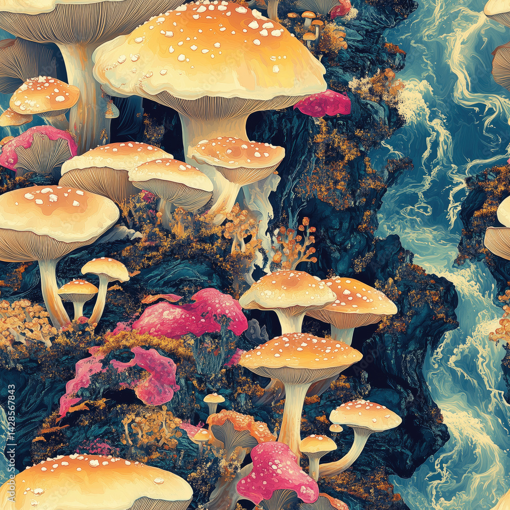 seamless pattern mushrooms in a vibrant forest landscape