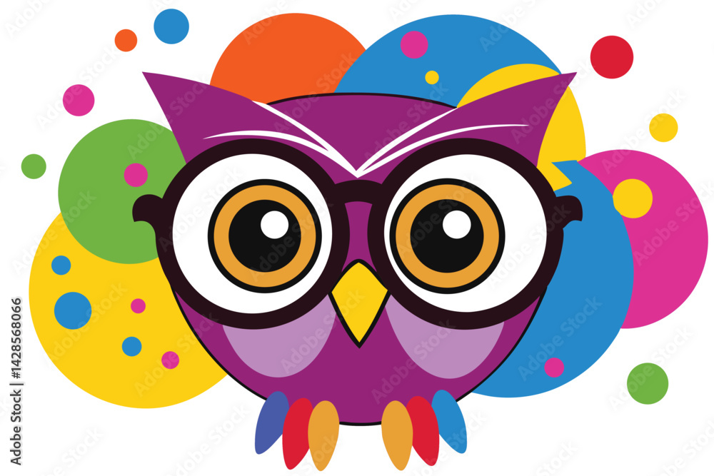 Obraz premium Colorful artistic owl in eyeglasses with colorful paint splatters on white background.