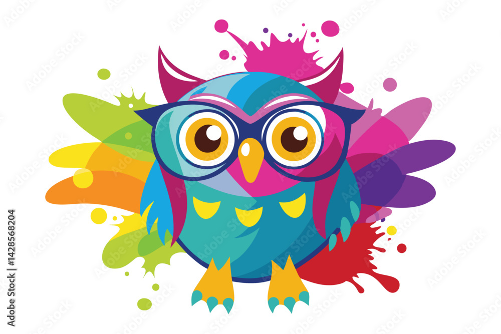 Fototapeta premium Colorful artistic owl in eyeglasses with colorful paint splatters on white background.