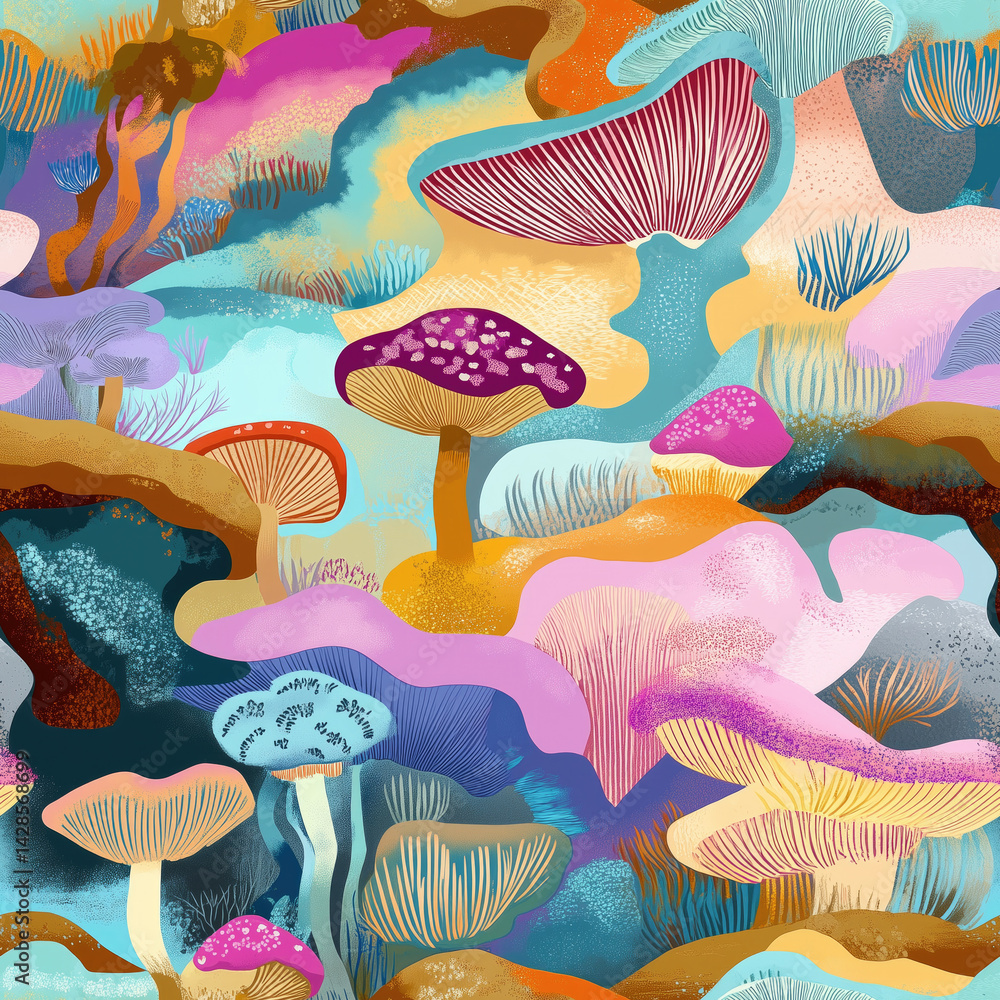 seamless pattern mushrooms in a vibrant forest landscape