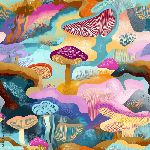 Obraz na płótnie seamless pattern mushrooms in a vibrant forest landscape w salonie