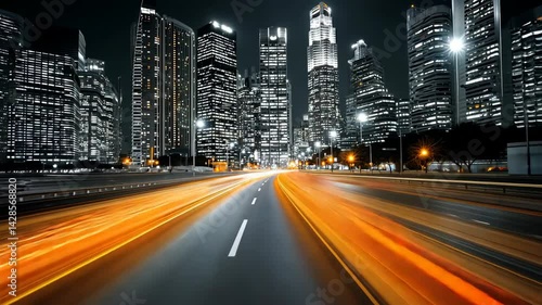 Dynamic cityscape view at night with blurred light trails of traffic on the road and illuminated skyscrapers in the urban background