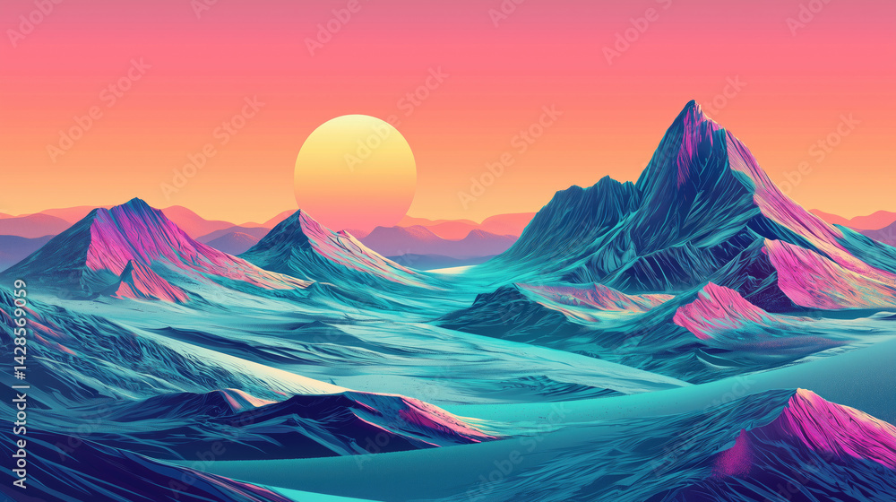 Fantasy alien planet. Mountain and sunset.