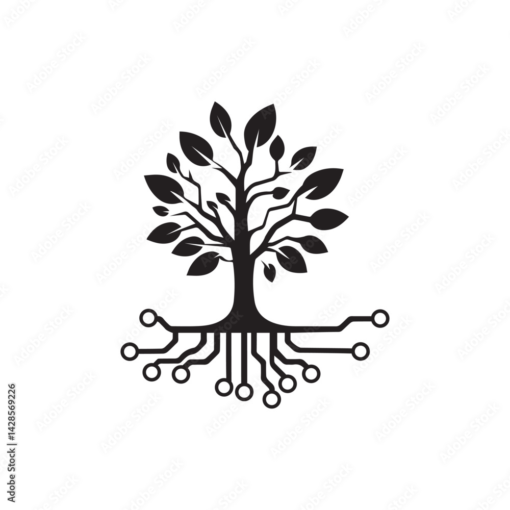 Obraz premium Digital Tree with Circuit Roots Conceptualizing Technology and Nature Integration