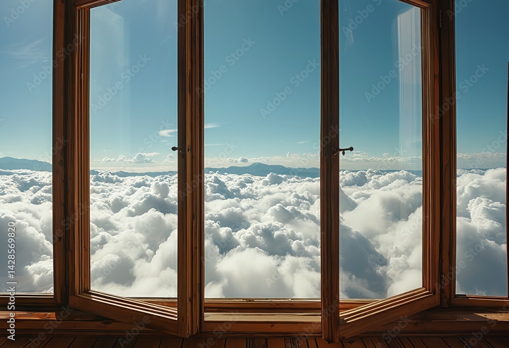 Fototapeta premium a serene view of fluffy white clouds filling the landscape is framed by a rustic wooden window, creating a peaceful and expansive atmosphere.