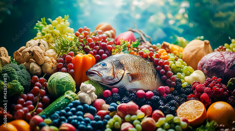 Fototapeta premium Artful arrangement of brainboosting foods vibrant display of nuts fatty fish colorful vegetables and berries clean bright lighting emphasizes fresh wholesome qualities