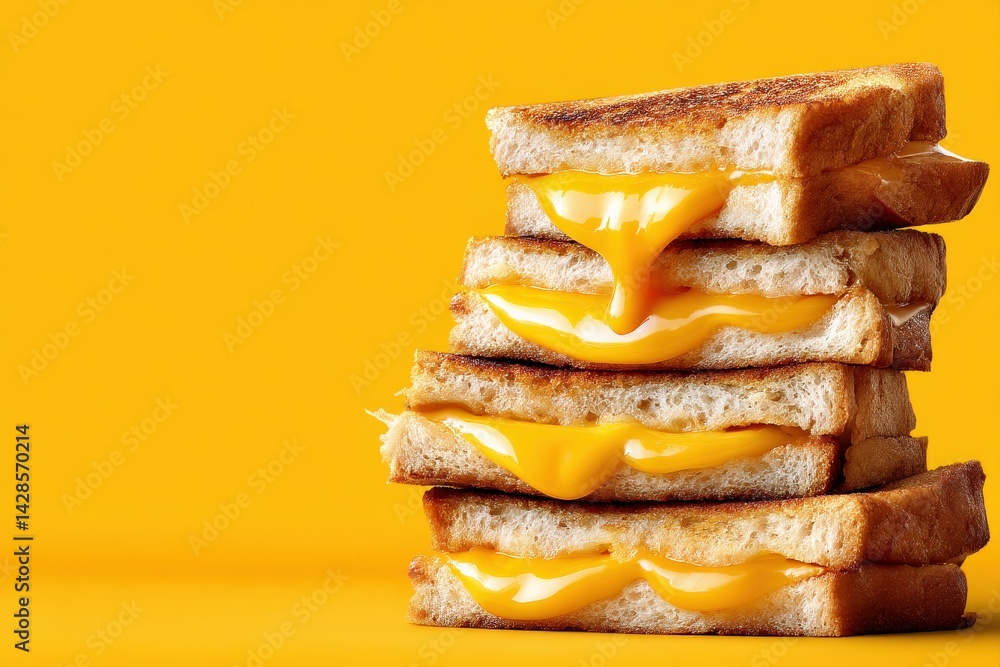 Melty Cheese Sandwich Stacked on Bright Yellow Background