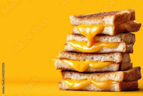 Obraz na płótnie Melty Cheese Sandwich Stacked on Bright Yellow Background w salonie