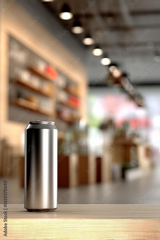 Metallic Beverage Can on Wooden Table in Modern Cafe Environment