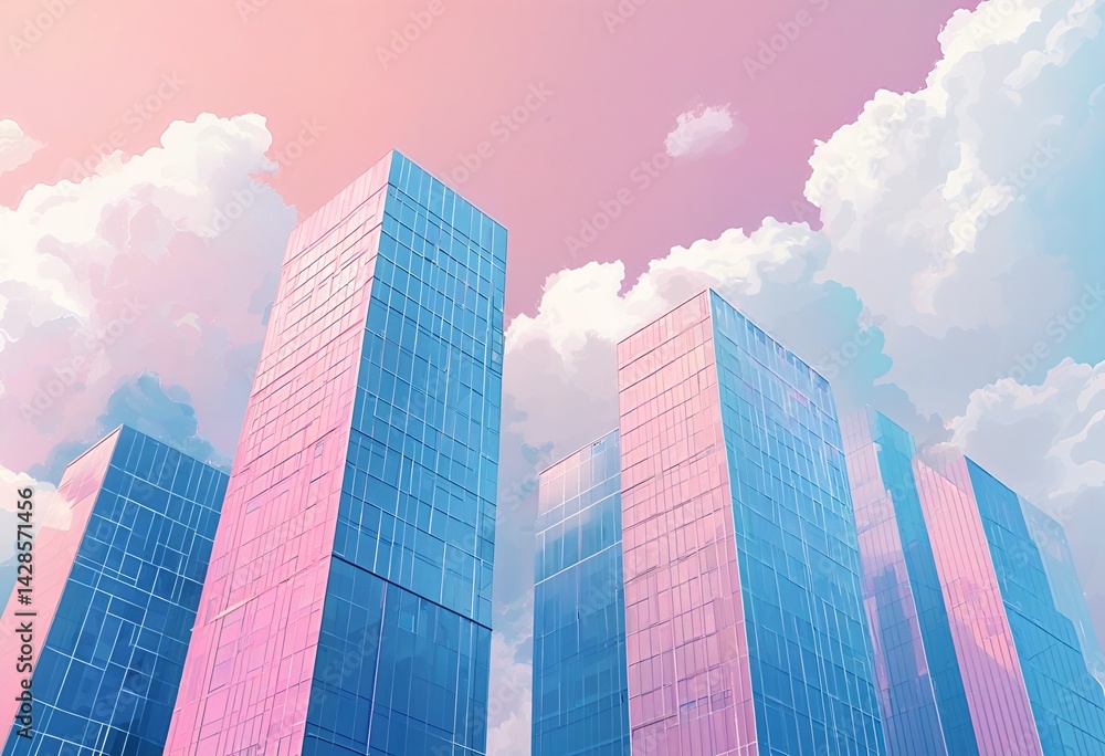 Obraz premium a low angle view of modern skyscrapers reflecting a dreamy pink and blue sky filled with fluffy white clouds.