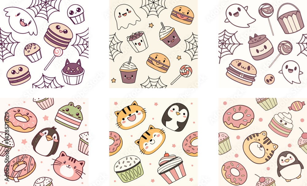 Seamless Kawaii Food Vector Pattern - Cute Snacks and Desserts Seamless Kawaii Food Vector Pattern - Cute Snacks and Desserts