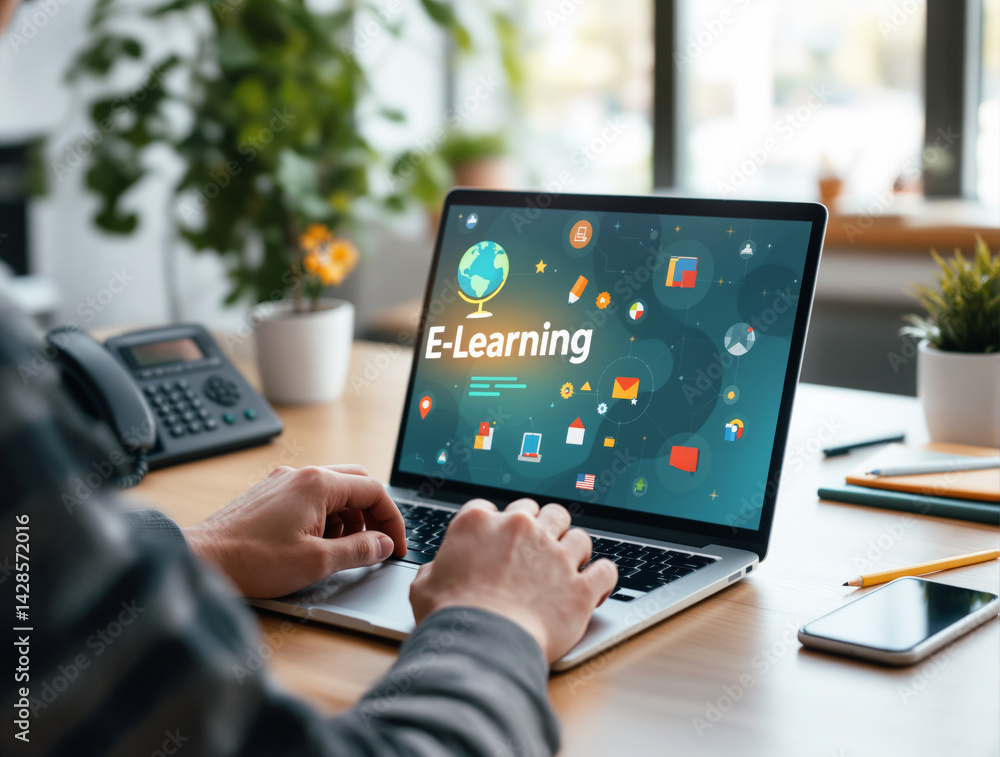 Person typing on laptop showing colorful E-Learning interface, digital education icons, tech style, bright office background, concept of online learning. Ai generative