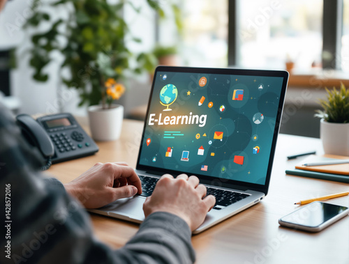 Obraz na płótnie Person typing on laptop showing colorful E-Learning interface, digital education icons, tech style, bright office background, concept of online learning. Ai generative w salonie