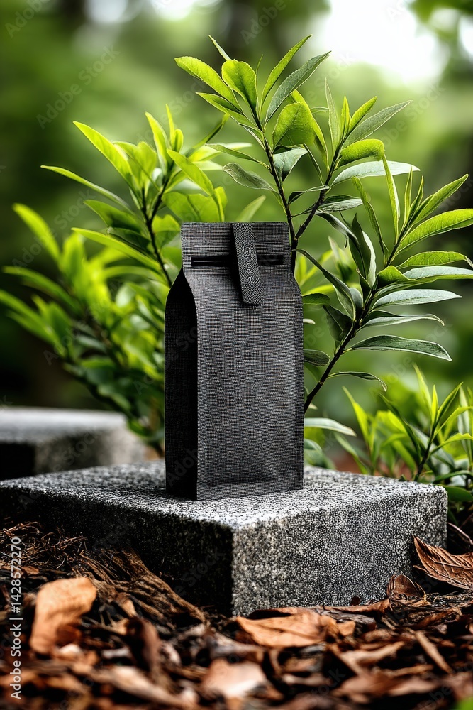 Minimalist Black Packaging Surrounded by Greenery in Nature Setting
