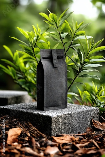 Obraz na płótnie Minimalist Black Packaging Surrounded by Greenery in Nature Setting w salonie
